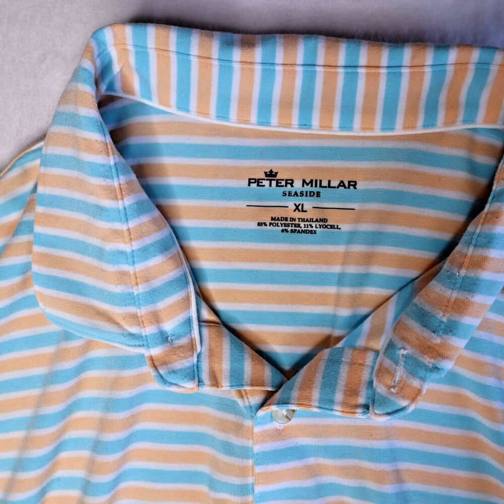 Peter Millar Seaside Men's Golf Performance Polo Orange/Blue Stripes Size XL - Picture 5 of 6